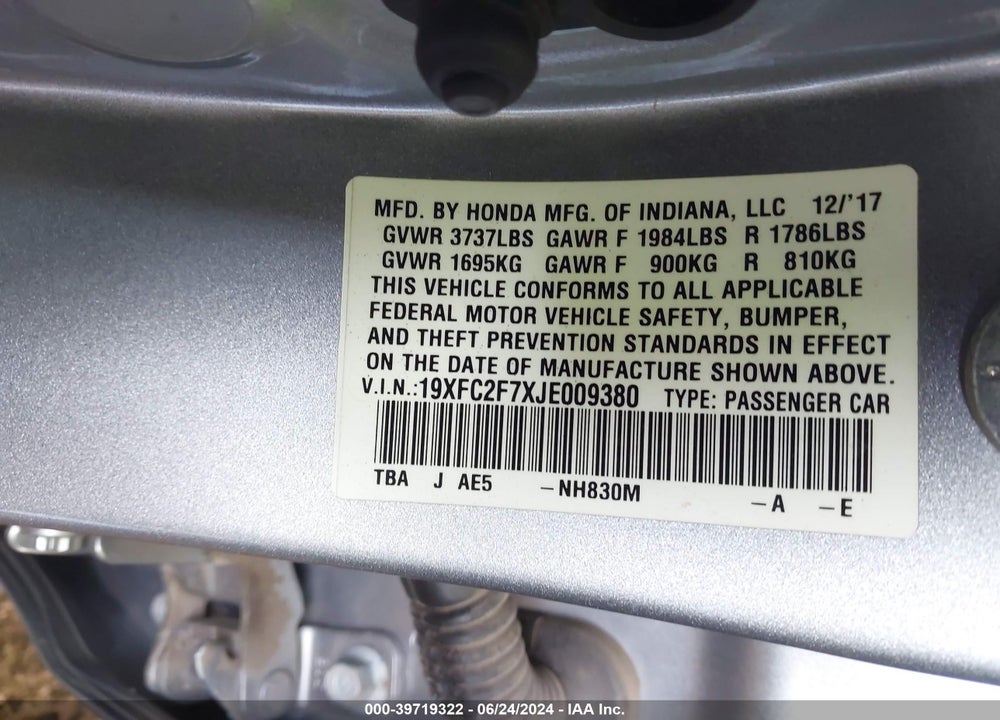 2018 HONDA CIVIC EX VIN: 19XFC2F7XJE009380