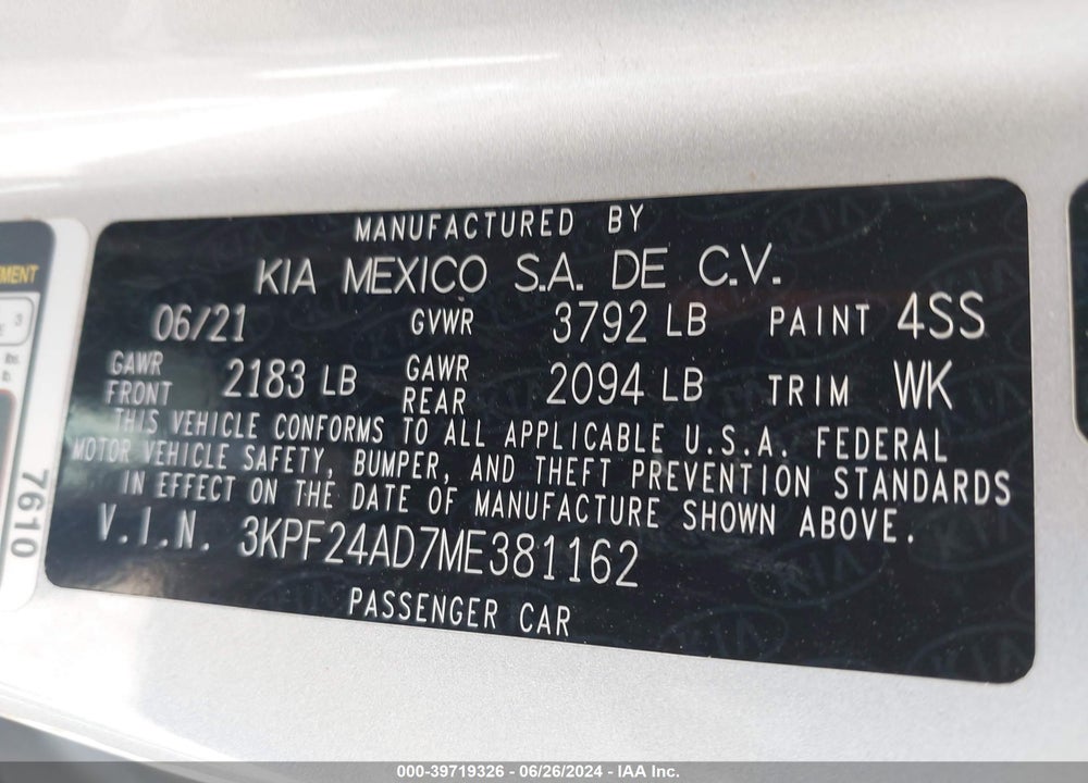 2021 KIA FORTE LXS VIN: 3KPF24AD7ME381162
