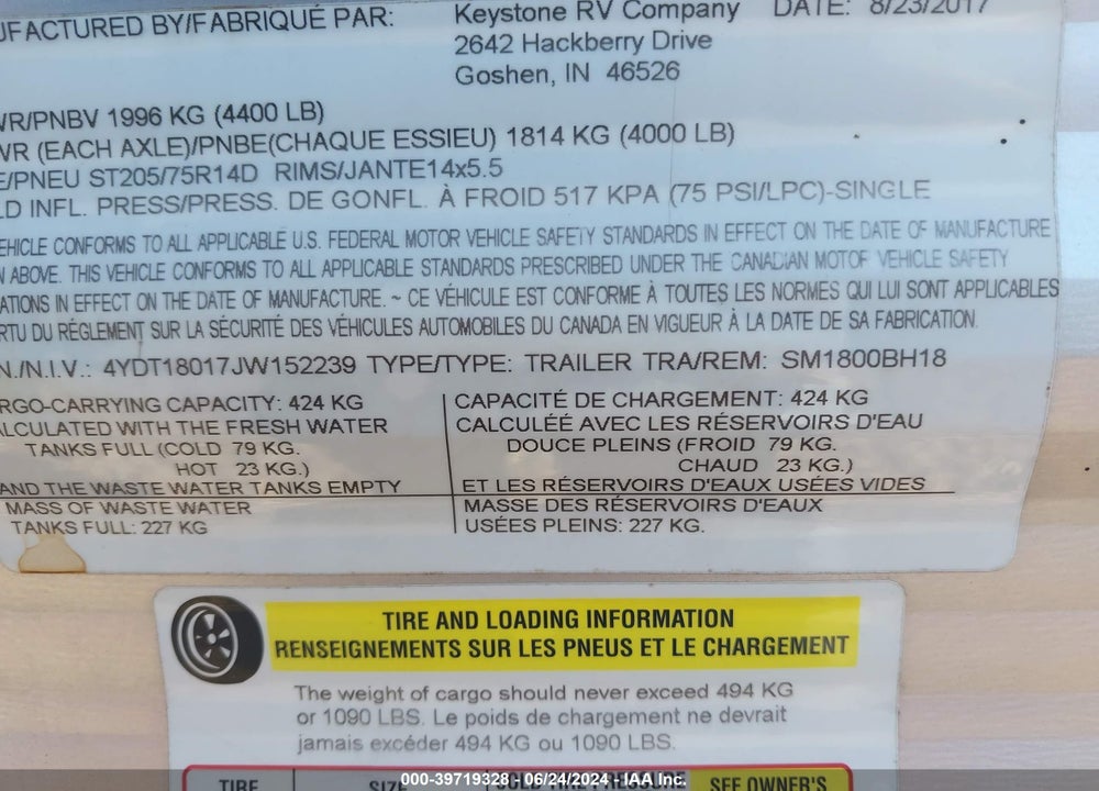 2018 KEYSTONE OTHER VIN: 4YDT18017JW152239