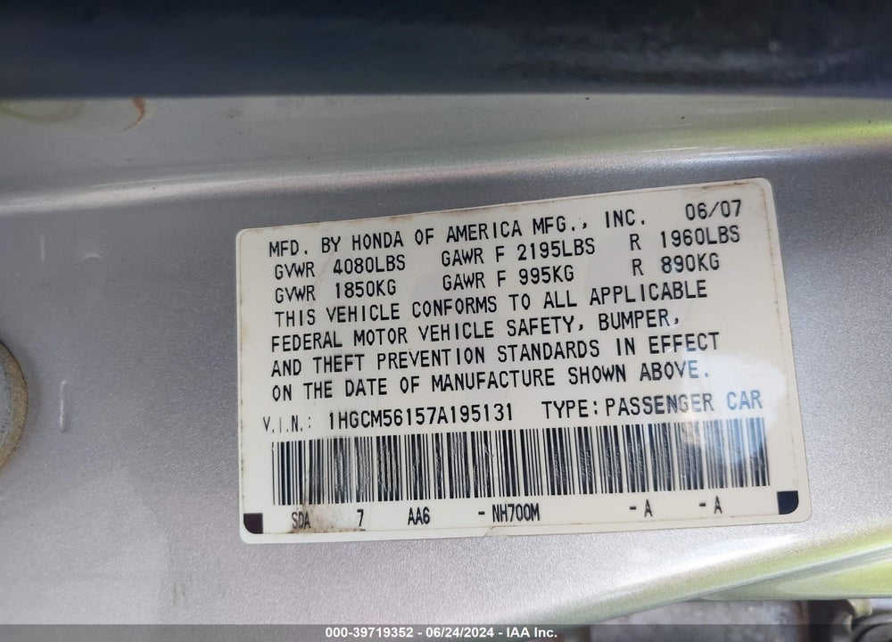 2007 HONDA ACCORD 2.4 VP VIN: 1HGCM56157A195131