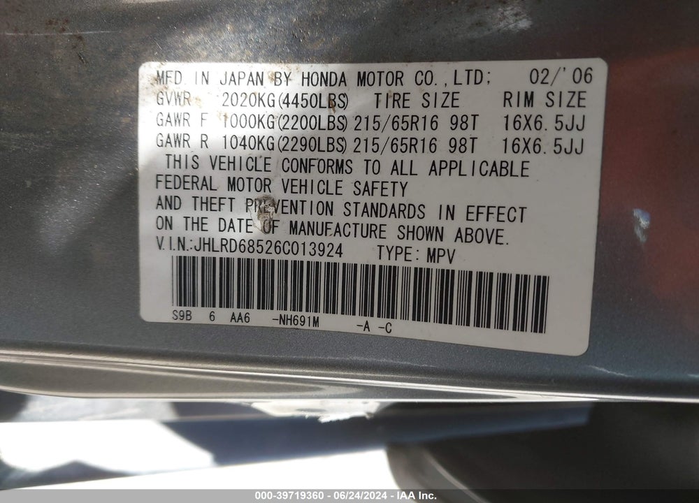 2006 HONDA CR-V LX VIN: JHLRD68526C013924