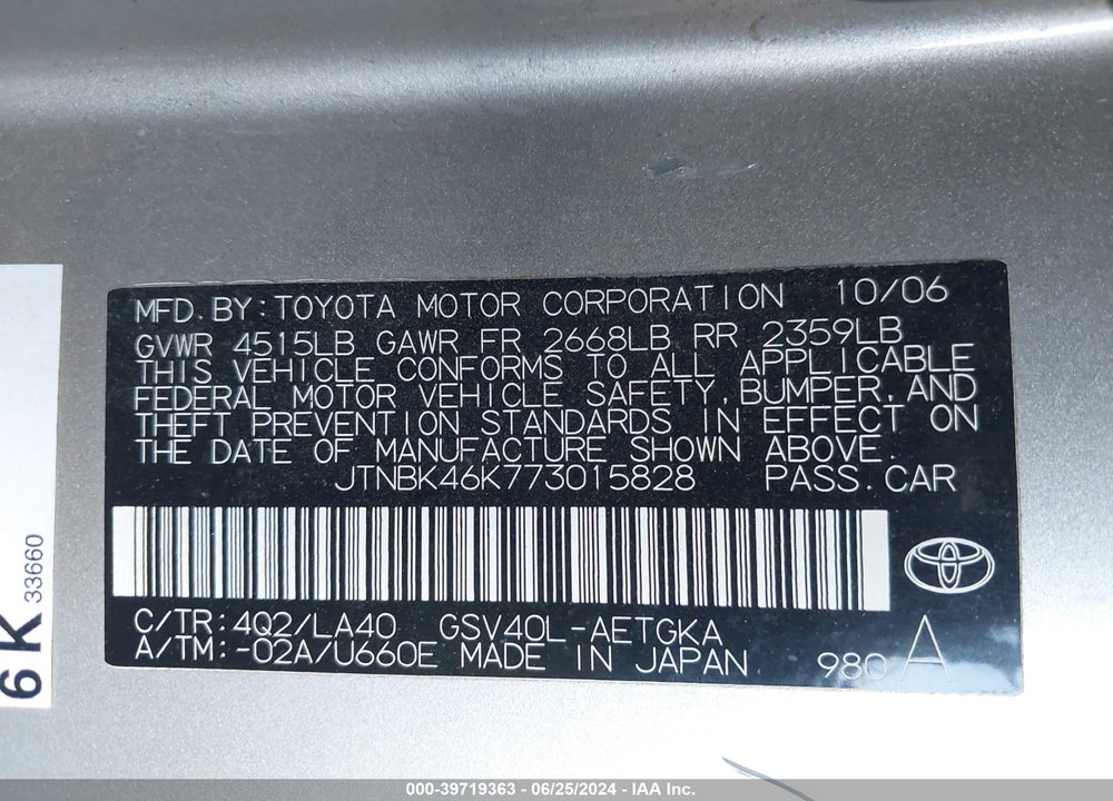 2007 TOYOTA CAMRY XLE V6 VIN: JTNBK46K773015828