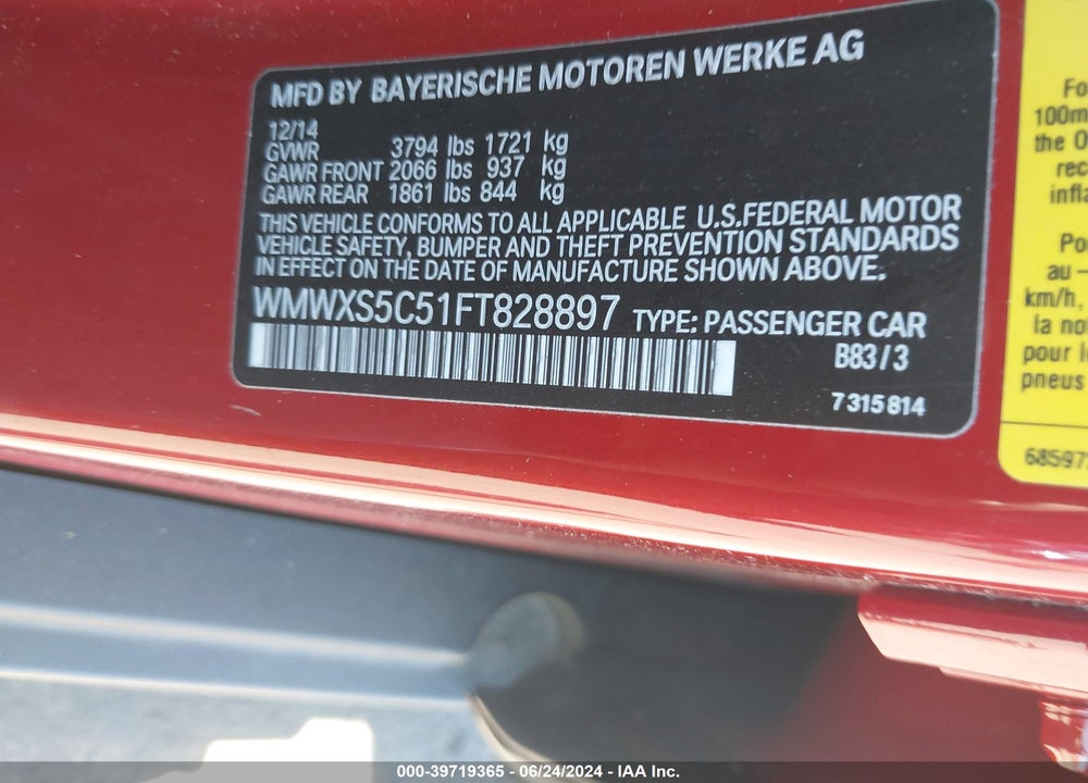 2015 MINI HARDTOP COOPER VIN: WMWXS5C51FT828897