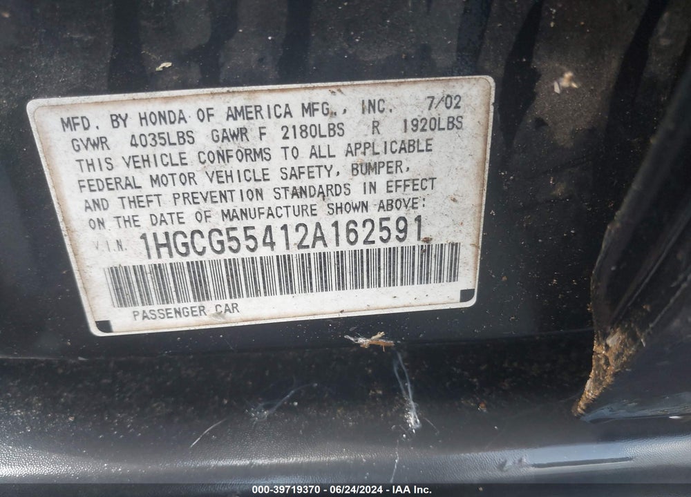 2002 HONDA ACCORD 2.3 LX VIN: 1HGCG55412A162591