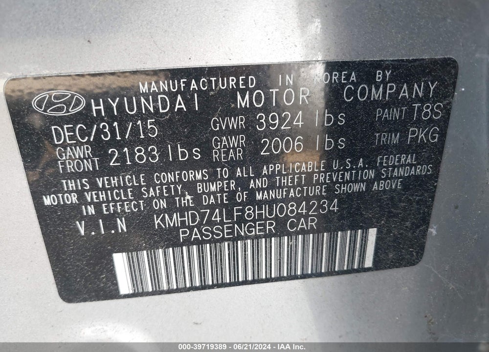 2017 HYUNDAI ELANTRA SE VIN: KMHD74LF8HU084234