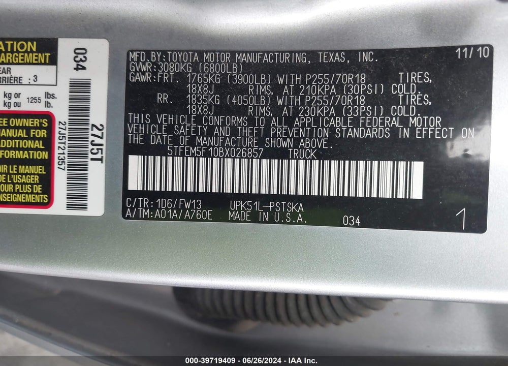 2011 TOYOTA TUNDRA GRADE 4.6L V8 VIN: 5TFEM5F10BX026857
