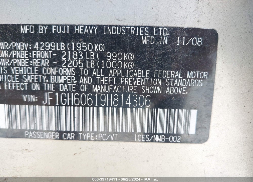 2009 SUBARU IMPREZA VIN: JF1GH60619H814306