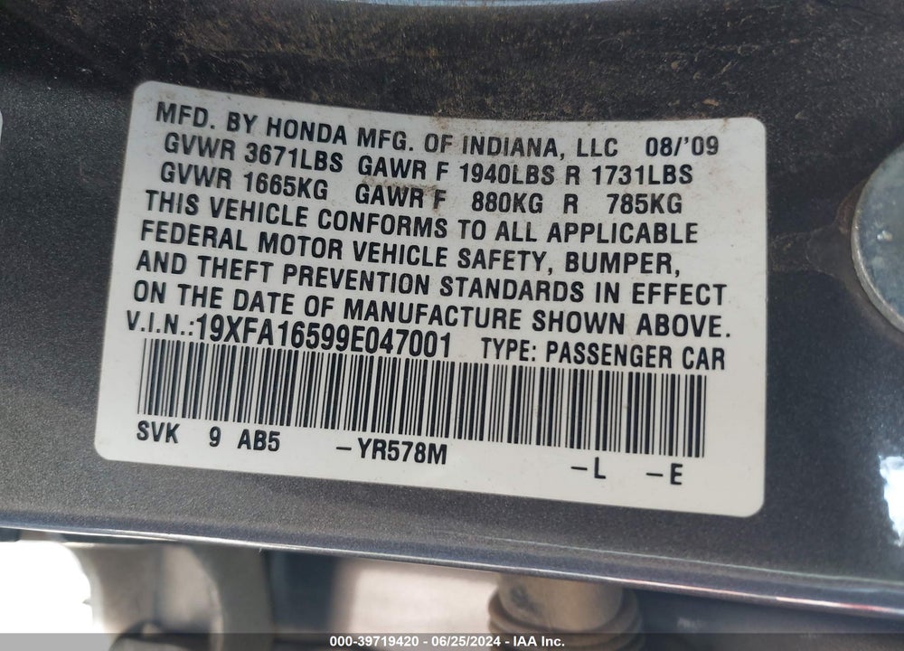 2009 HONDA CIVIC LX VIN: 19XFA16599E047001