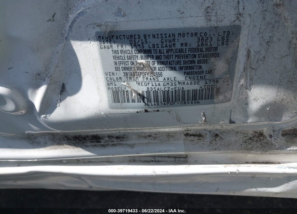 2015 NISSAN SENTRA S VIN: 3N1AB7AP0FY284556