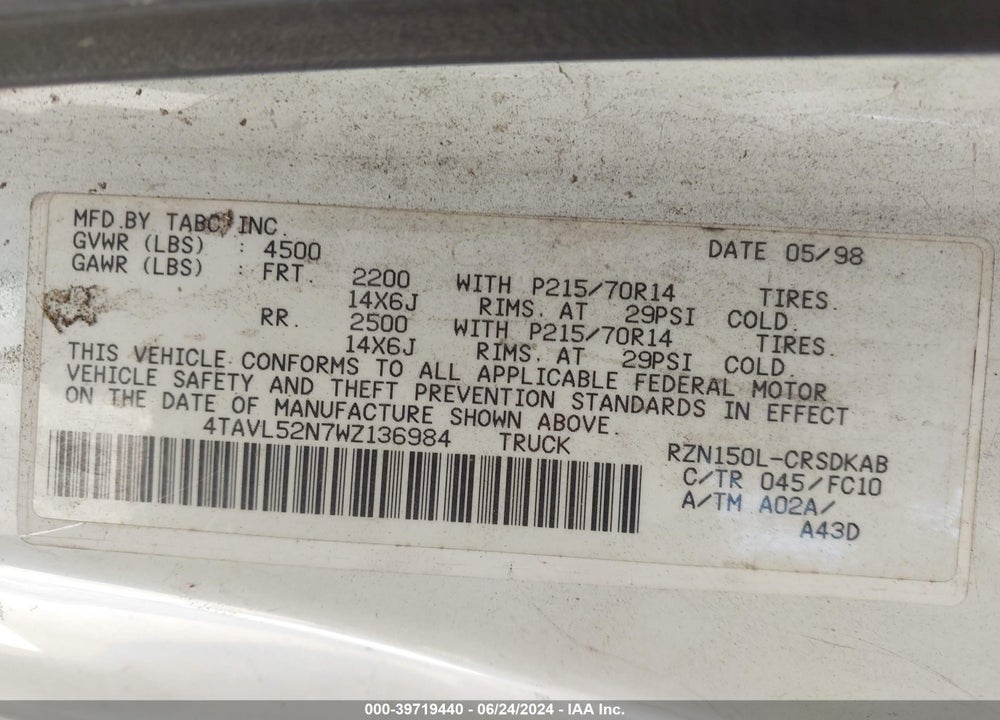 1998 TOYOTA TACOMA VIN: 4TAVL52N7WZ136984