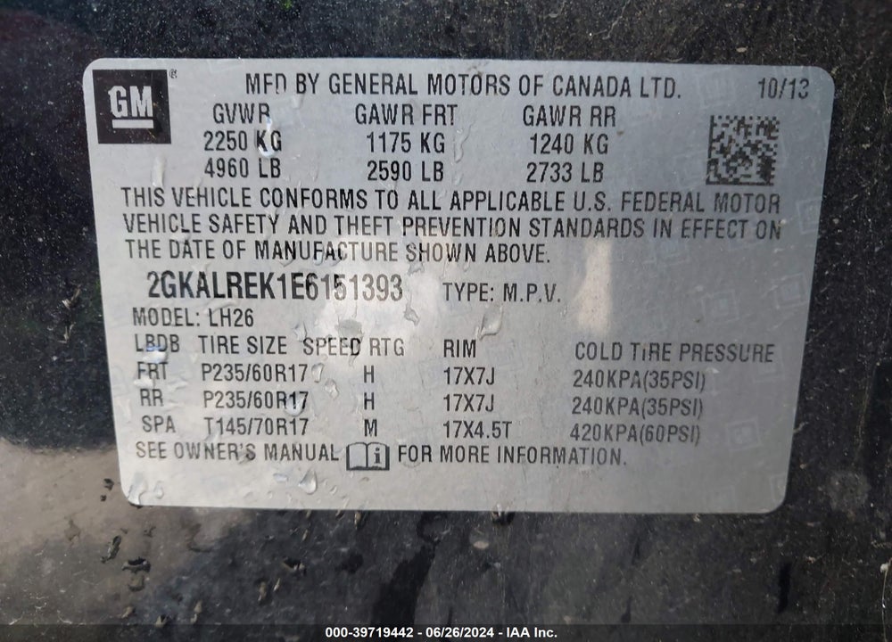 2014 GMC TERRAIN SLE-2 VIN: 2GKALREK1E6151393