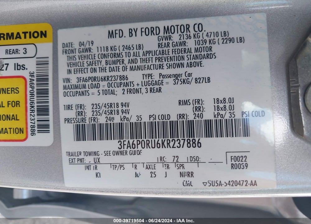 2019 FORD FUSION HYBRID TITANIUM VIN: 3FA6P0RU6KR237886