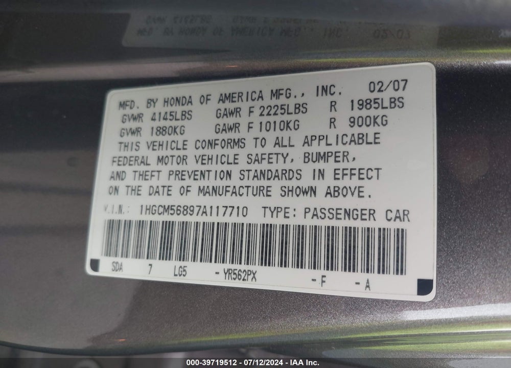2007 HONDA ACCORD 2.4 EX VIN: 1HGCM56897A117710
