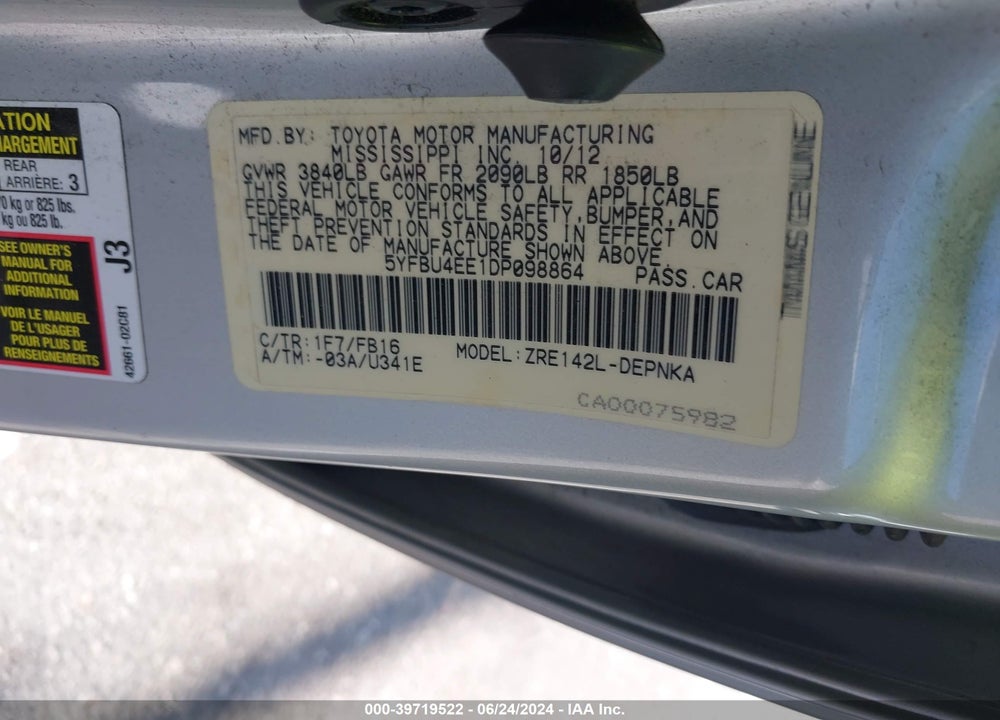 2013 TOYOTA COROLLA LE VIN: 5YFBU4EE1DP098864