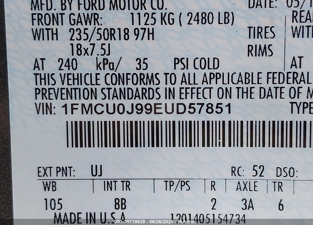 2014 FORD ESCAPE TITANIUM VIN: 1FMCU0J99EUD57851