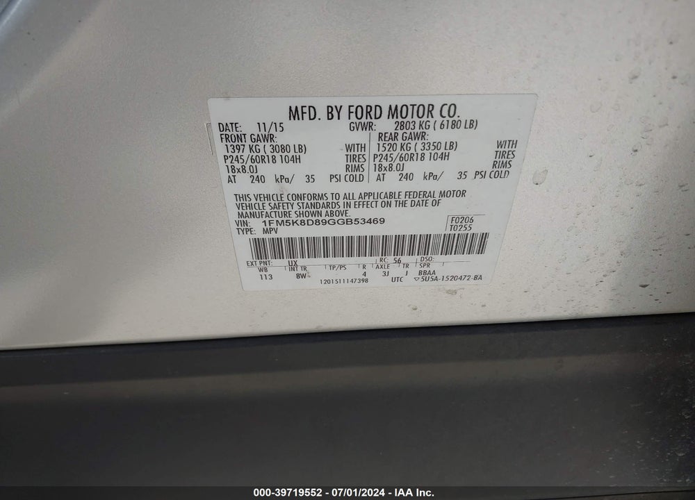 2016 FORD EXPLORER XLT VIN: 1FM5K8D89GGB53469