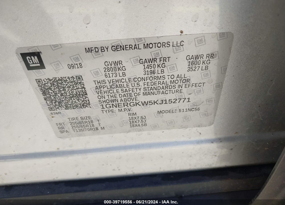 2019 CHEVROLET TRAVERSE 1LT VIN: 1GNERGKW5KJ152771