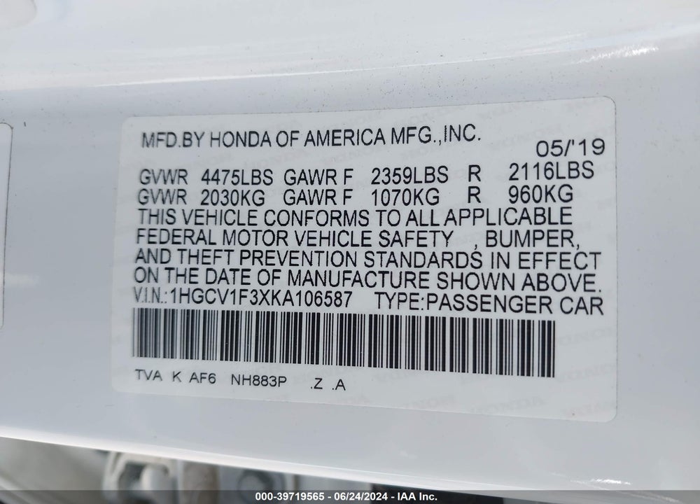 2019 HONDA ACCORD SPORT VIN: 1HGCV1F3XKA106587