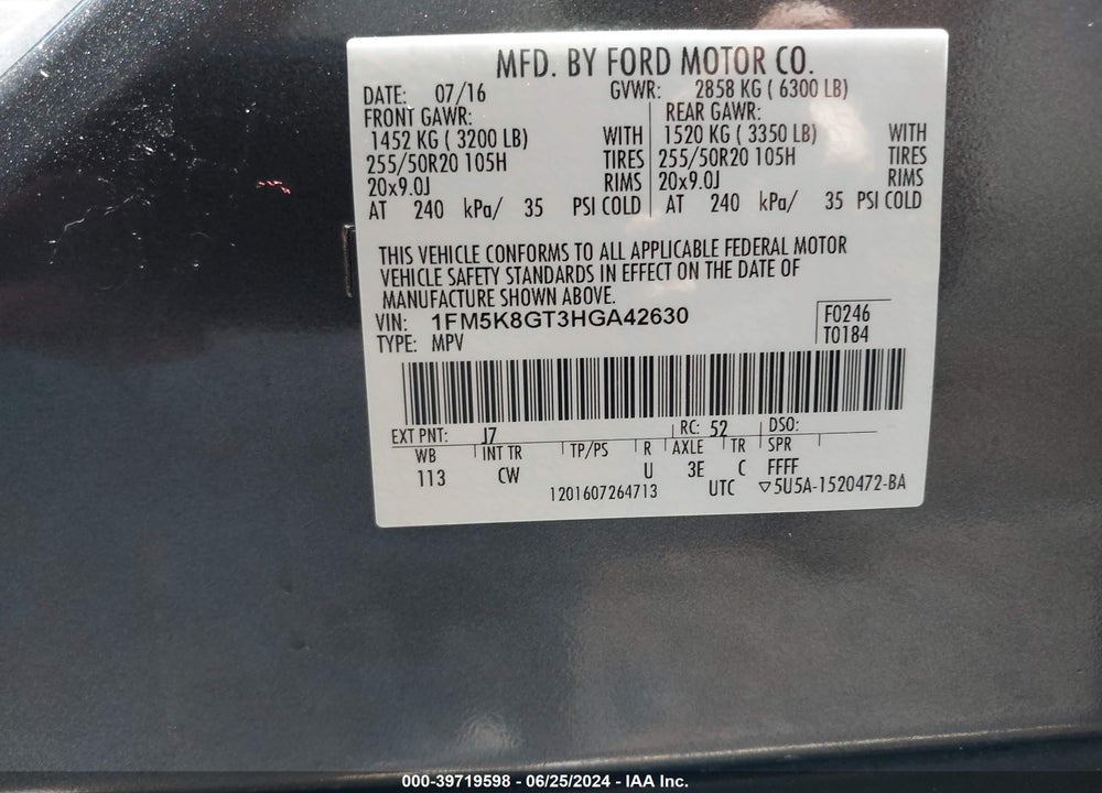 2017 FORD EXPLORER SPORT VIN: 1FM5K8GT3HGA42630