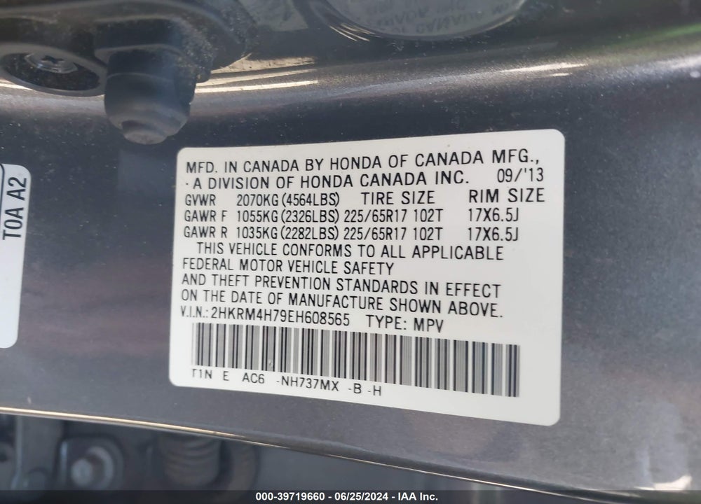 2014 HONDA CR-V EX-L VIN: 2HKRM4H79EH608565