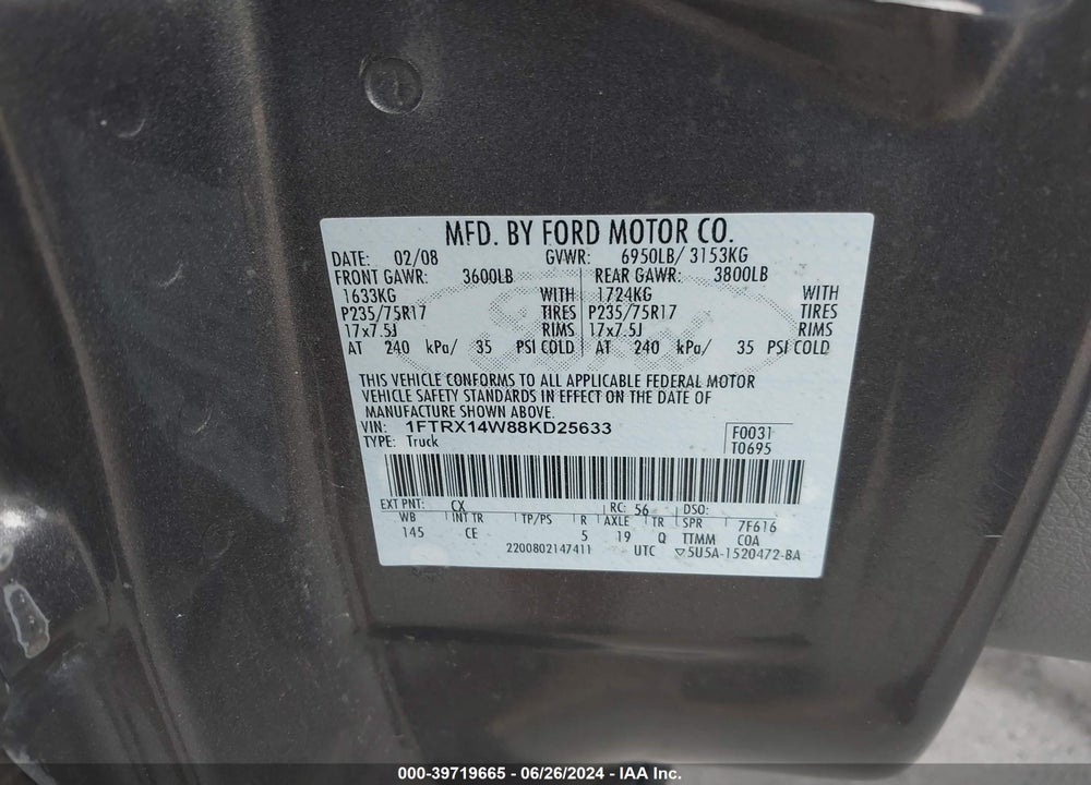 2008 FORD F-150 STX/XL/XLT VIN: 1FTRX14W88KD25633