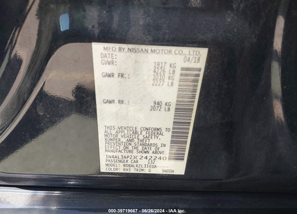 2018 NISSAN ALTIMA 2.5 SL VIN: 1N4AL3AP2JC242240