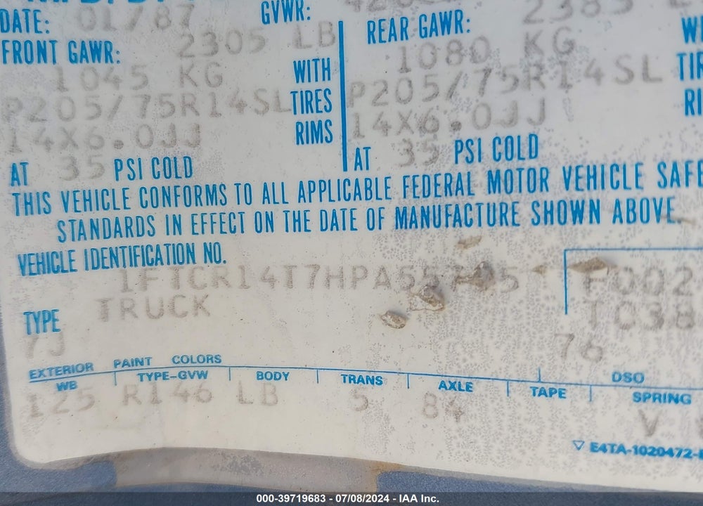 1987 FORD RANGER SUPER CAB VIN: 1FTCR14T7HPA55755