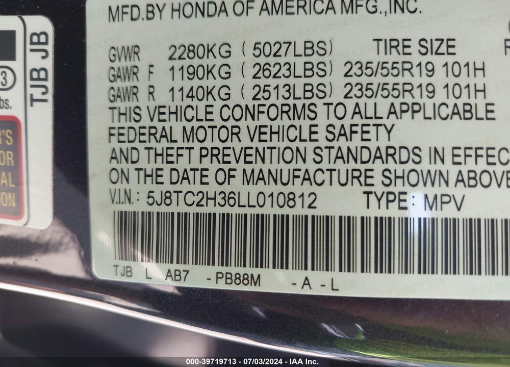 2020 ACURA RDX STANDARD VIN: 5J8TC2H36LL010812