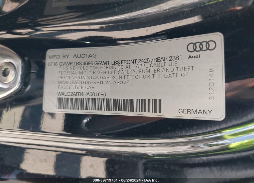 2017 AUDI A5 VIN: WAUD2AFR4HA001680