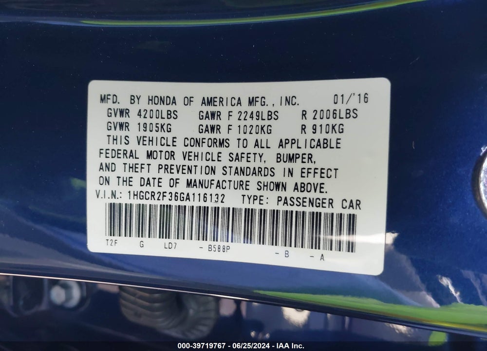 2016 HONDA ACCORD VIN: 1HGCR2F36GA116132