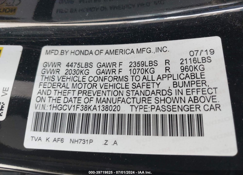 2019 HONDA ACCORD SPORT VIN: 1HGCV1F38KA138020