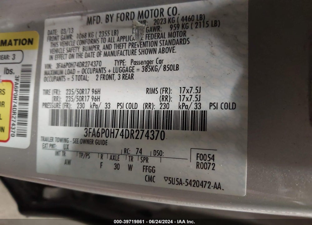 2013 FORD FUSION SE VIN: 3FA6P0H74DR274370