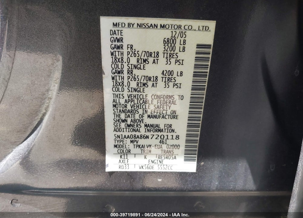 2006 NISSAN ARMADA LE VIN: 5N1AA08A86N720118