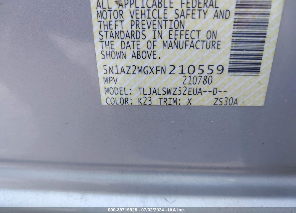 2015 NISSAN MURANO PLATINUM VIN: 5N1AZ2MGXFN210559