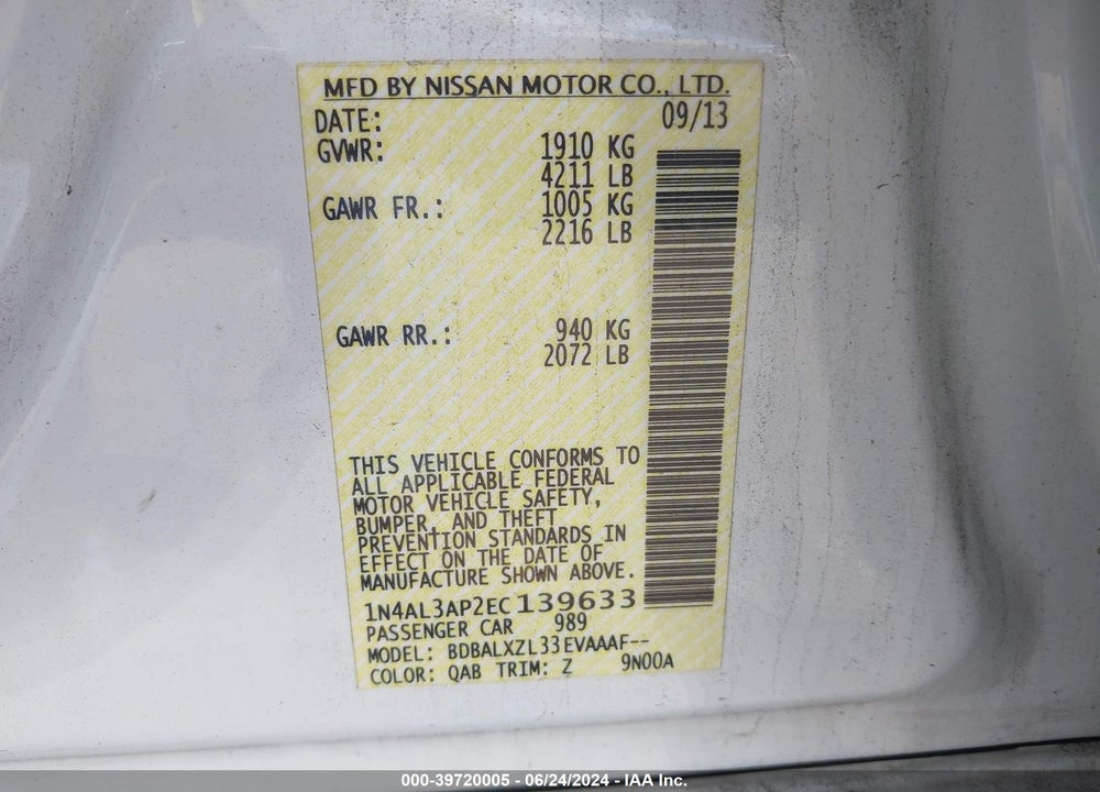 2014 NISSAN ALTIMA 2.5 SL VIN: 1N4AL3AP2EC139633