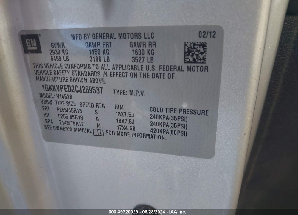 2012 GMC ACADIA SLE VIN: 1GKKVPED2CJ269537