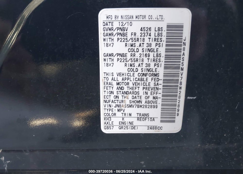 2011 NISSAN ROGUE VIN: JN8AS5MV7BW282899