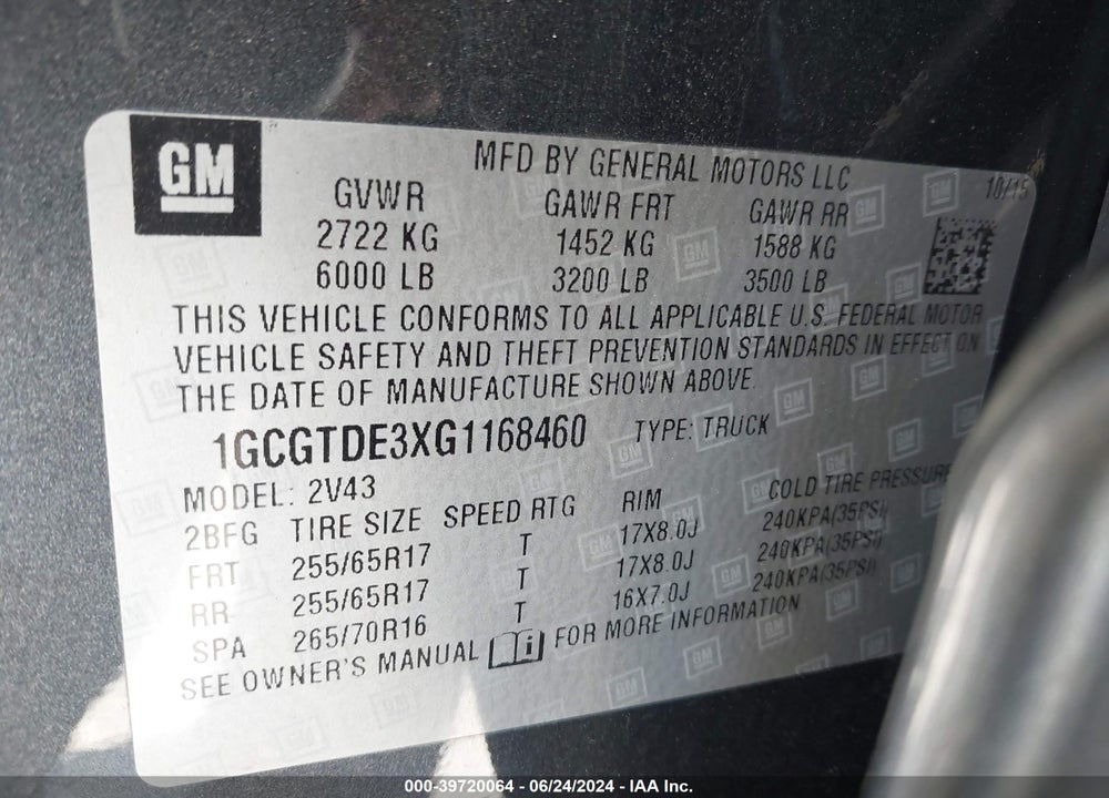 2016 CHEVROLET COLORADO Z71 VIN: 1GCGTDE3XG1168460