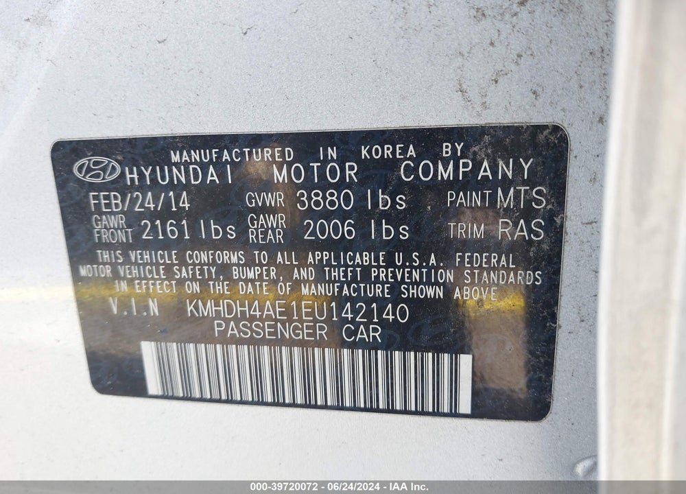 2014 HYUNDAI ELANTRA SE VIN: KMHDH4AE1EU142140