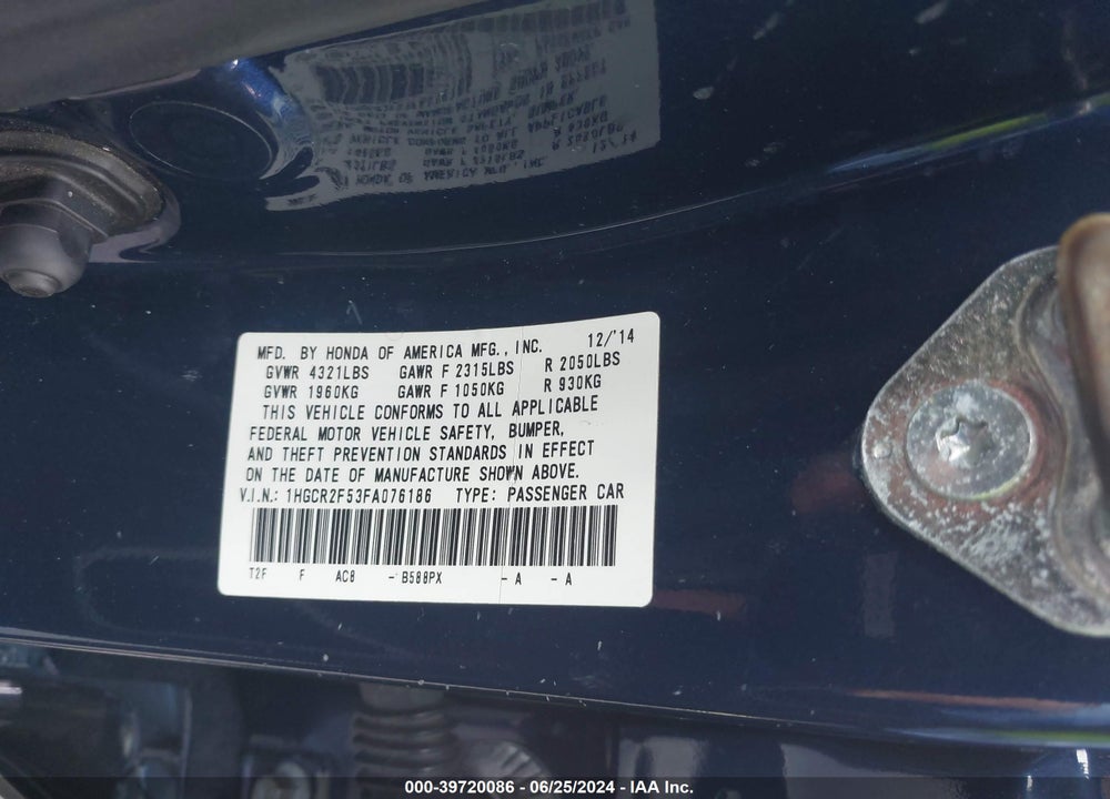 2015 HONDA ACCORD VIN: 1HGCR2F53FA076186
