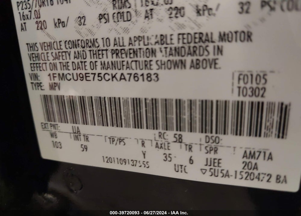 2012 FORD ESCAPE LIMITED VIN: 1FMCU9E75CKA76183
