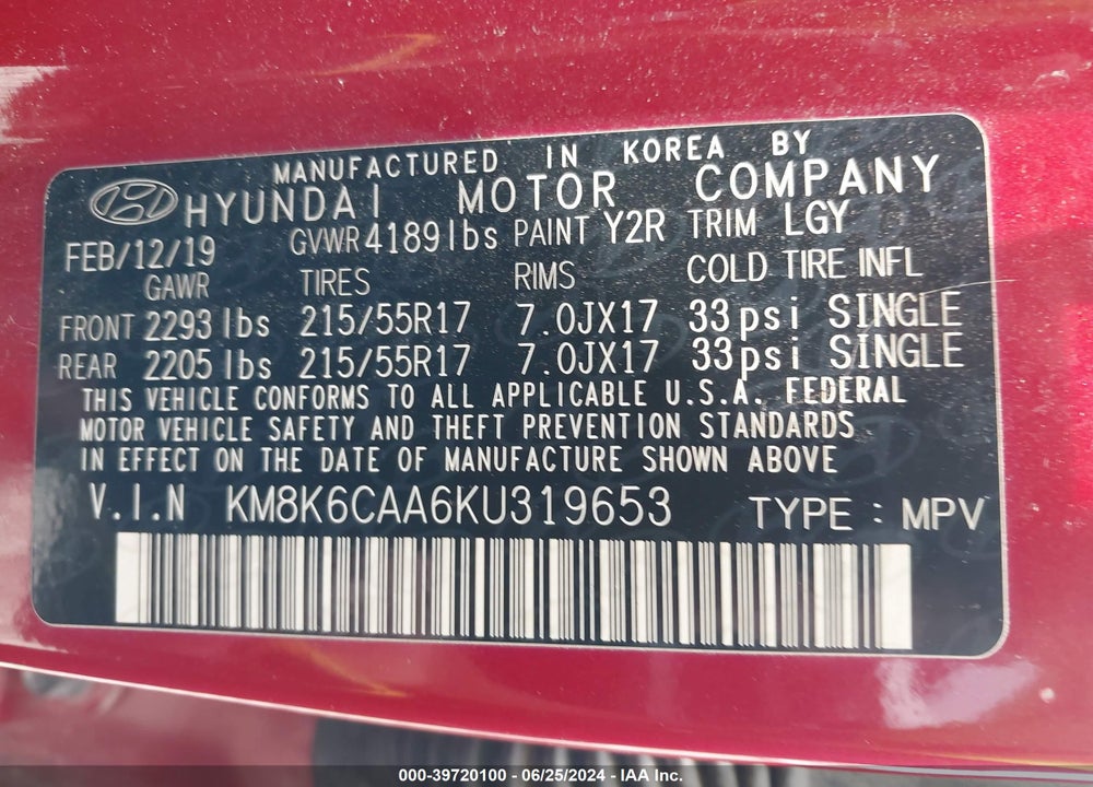 2019 HYUNDAI KONA SEL VIN: KM8K6CAA6KU319653