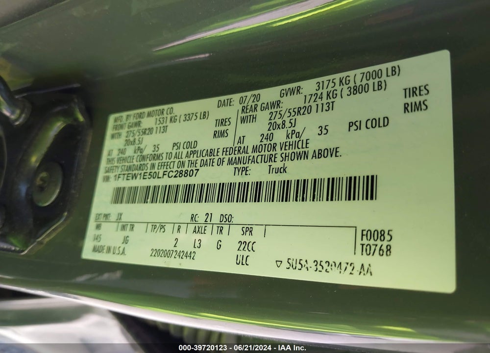 2020 FORD F-150 XL VIN: 1FTEW1E50LFC28807
