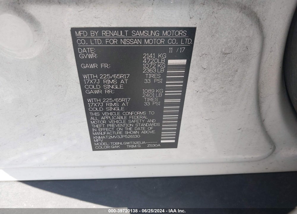 2018 NISSAN ROGUE SV VIN: KNMAT2MV3JP526130