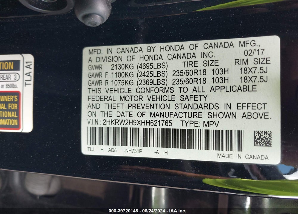 2017 HONDA CR-V TOURING VIN: 2HKRW2H9XHH621765