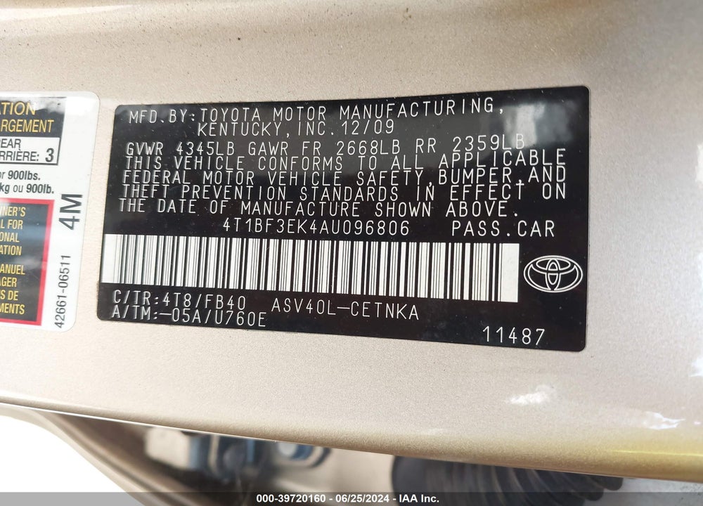 2010 TOYOTA CAMRY LE VIN: 4T1BF3EK4AU096806