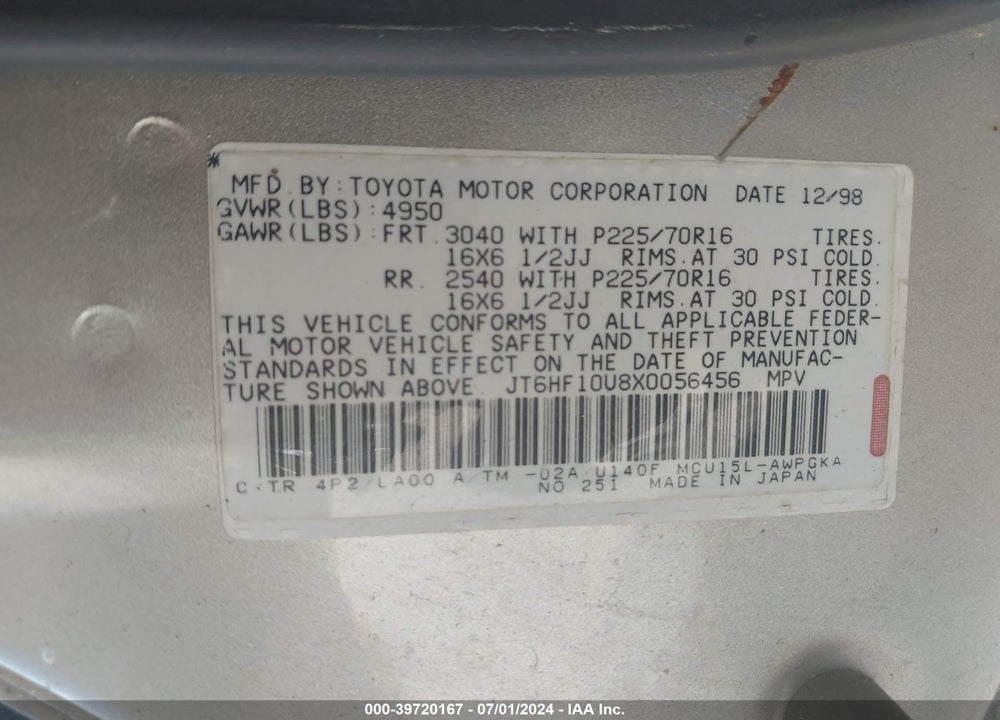 1999 LEXUS RX 300 VIN: JT6HF10U8X0056456