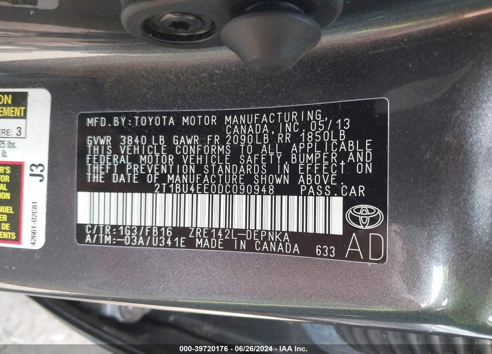 2013 TOYOTA COROLLA LE VIN: 2T1BU4EE0DC090948