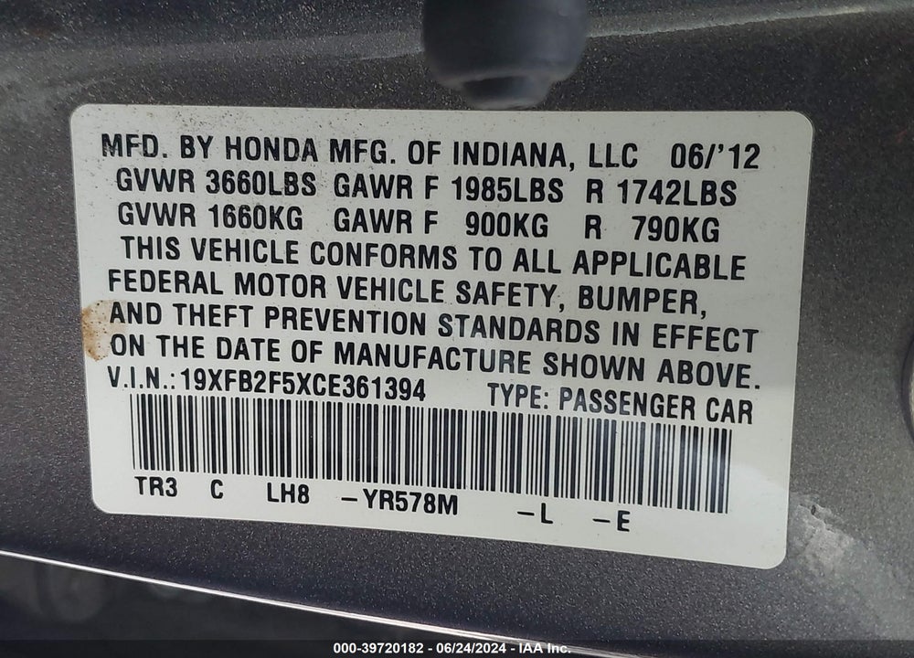 2012 HONDA CIVIC LX VIN: 19XFB2F5XCE361394