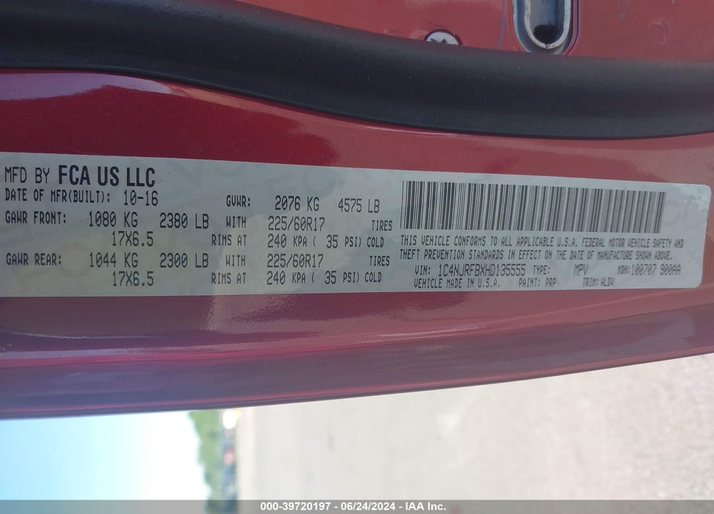 2017 JEEP PATRIOT HIGH ALTITUDE 4X4 VIN: 1C4NJRFBXHD135555